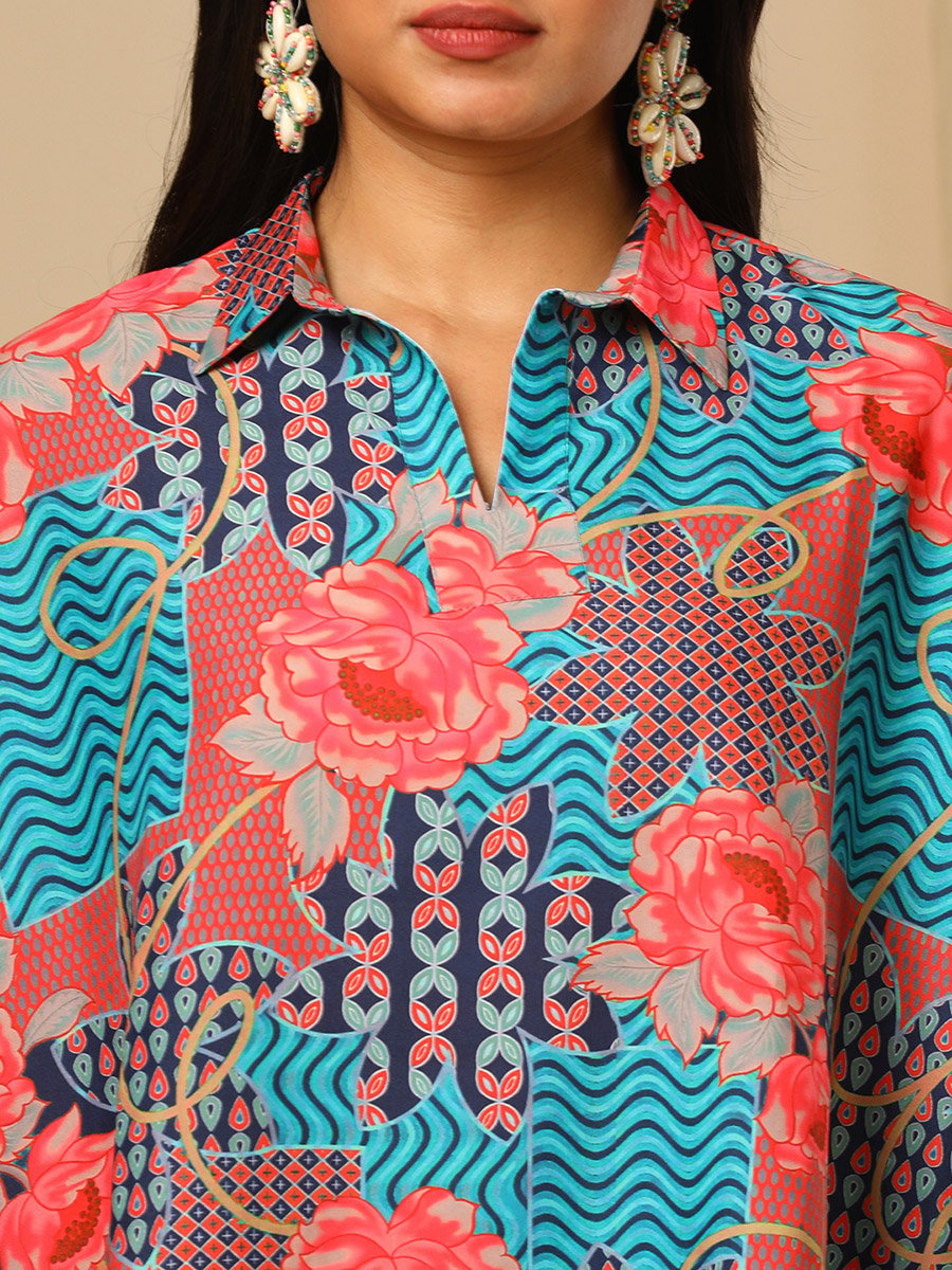 Floral Printed Collared Kaftan and Pants Co-Ords