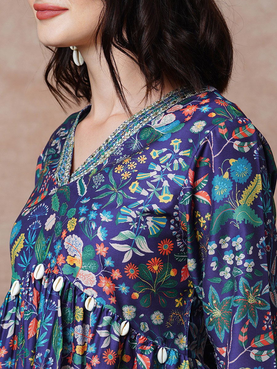 Floral Printed Gathered Design Tunic and Straight Pants