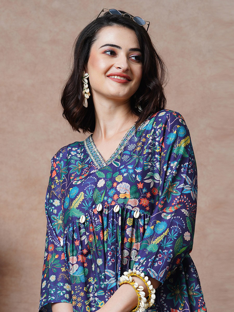 Floral Printed Gathered Design Tunic and Straight Pants