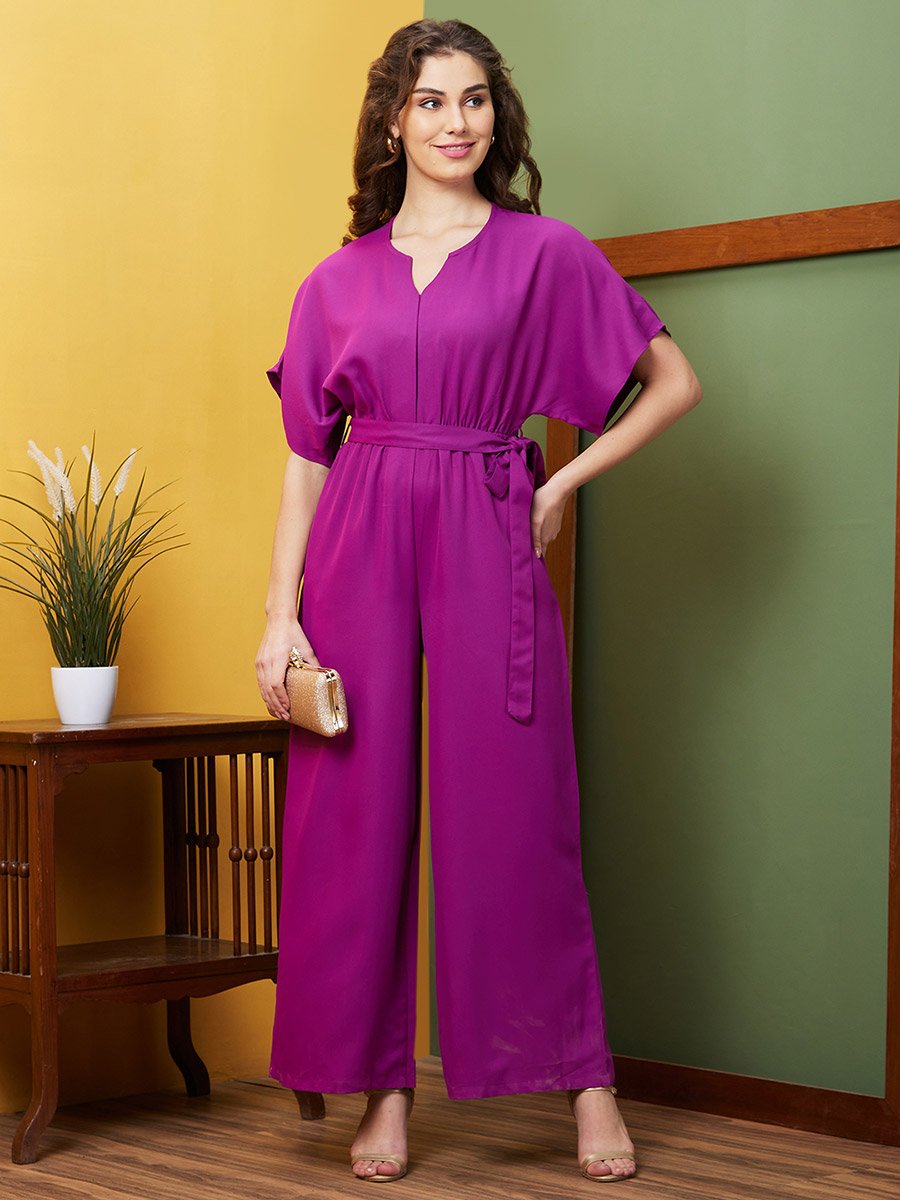 Solid Notch Neck Kimono Sleeves Waist Tie-Up Jumpsuit