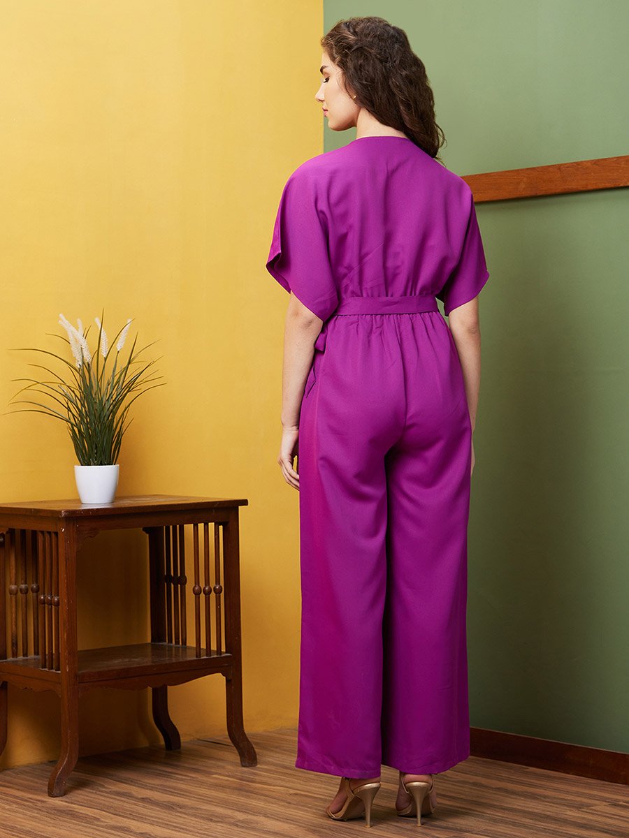Solid Notch Neck Kimono Sleeves Waist Tie-Up Jumpsuit