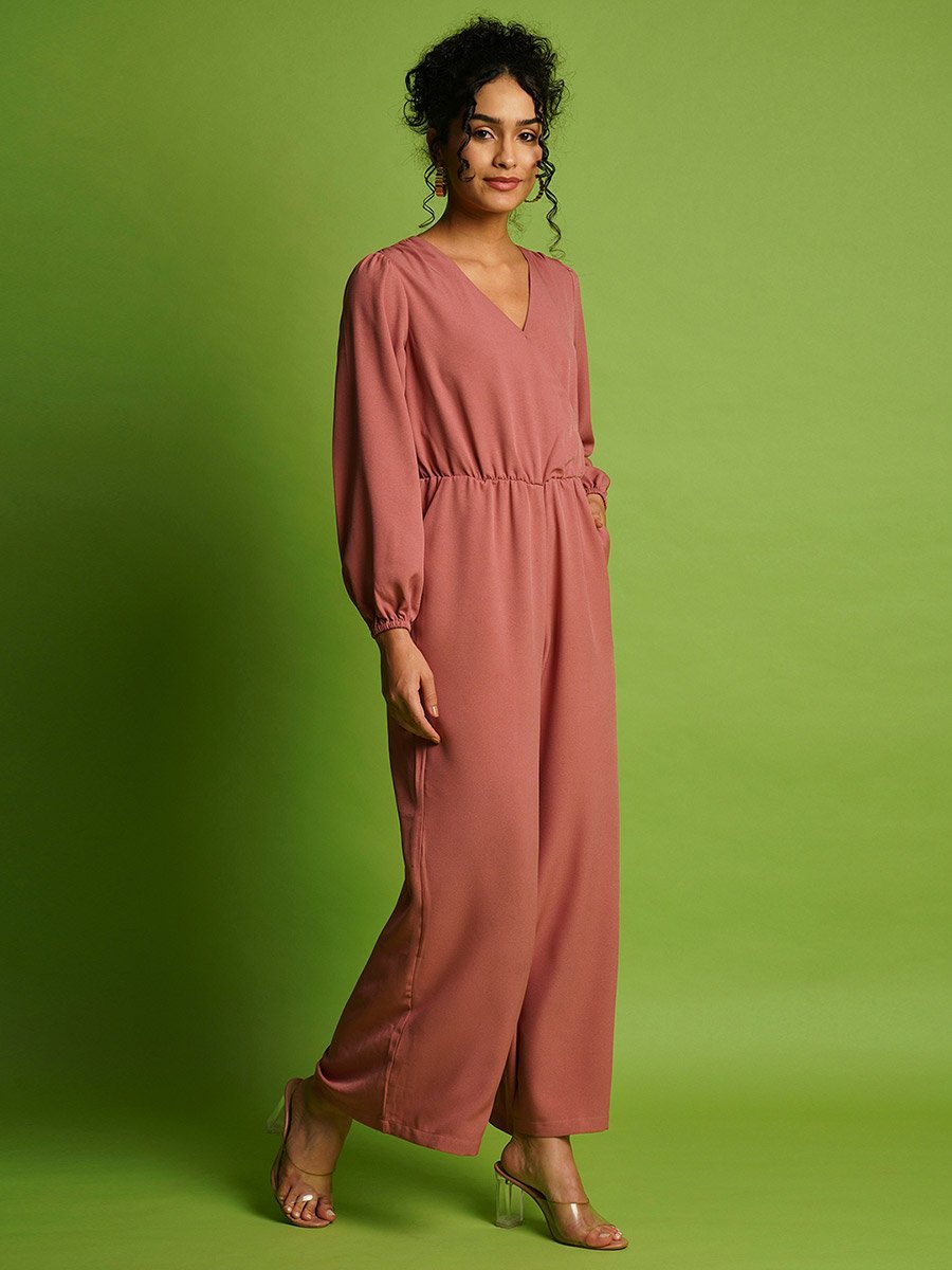 Solid Wrap Neck Balloon Sleeves Gathered Waist Jumpsuit