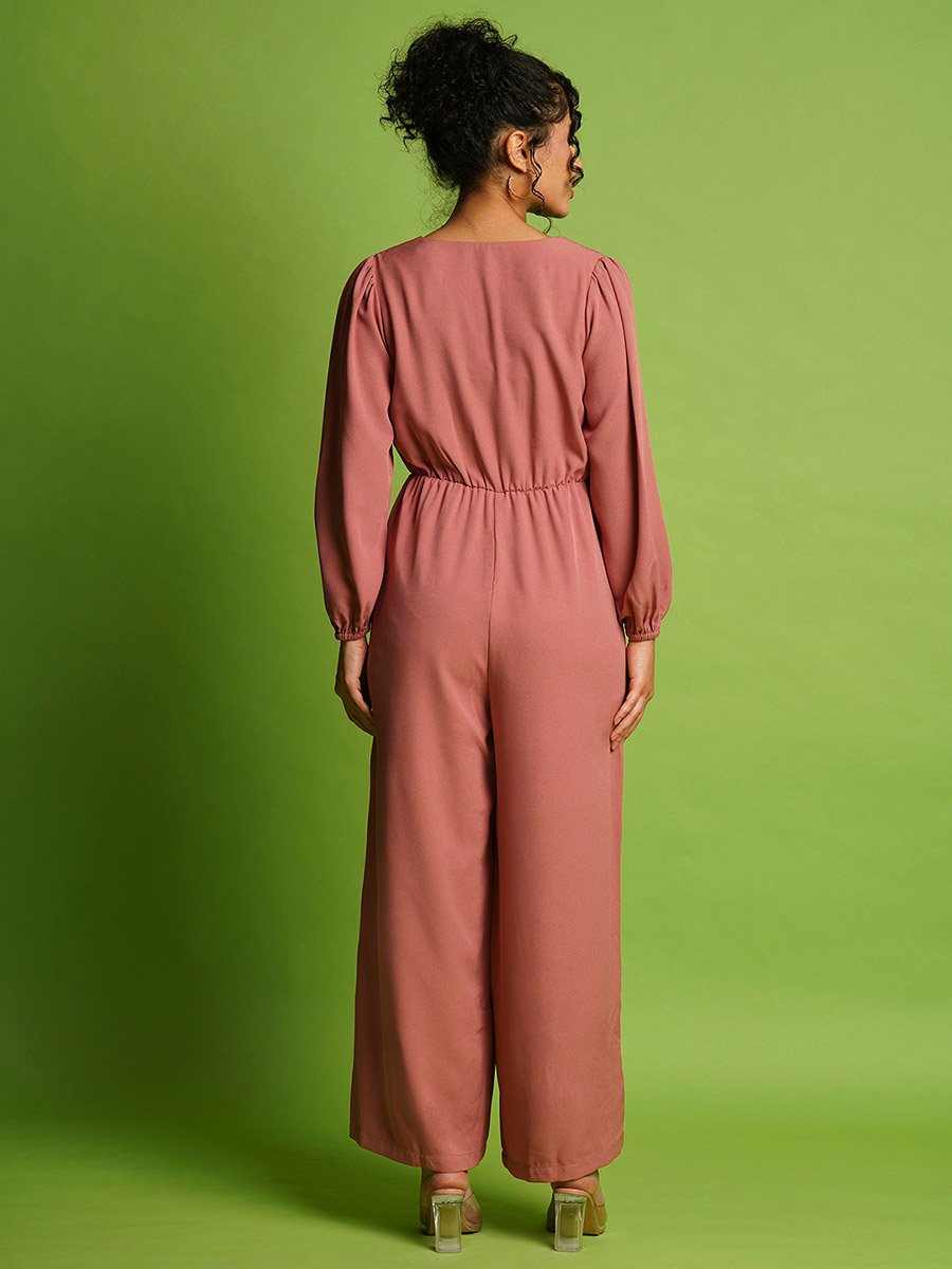 Solid Wrap Neck Balloon Sleeves Gathered Waist Jumpsuit