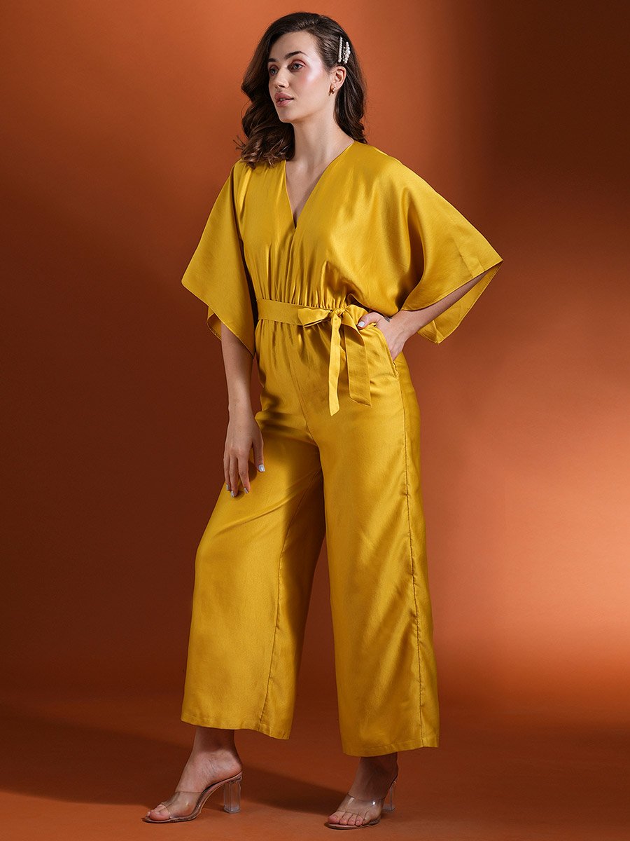 Solid V Neck Kimono Sleeves Wide Leg Jumpsuit with Tie-Up