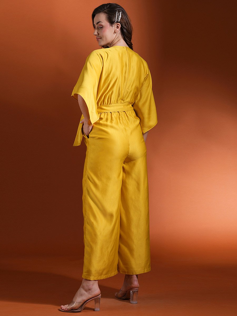 Solid V Neck Kimono Sleeves Wide Leg Jumpsuit with Tie-Up