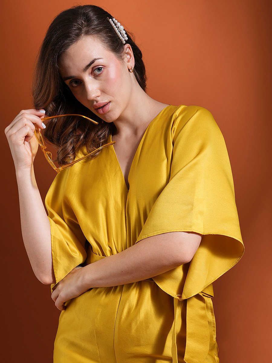 Solid V Neck Kimono Sleeves Wide Leg Jumpsuit with Tie-Up