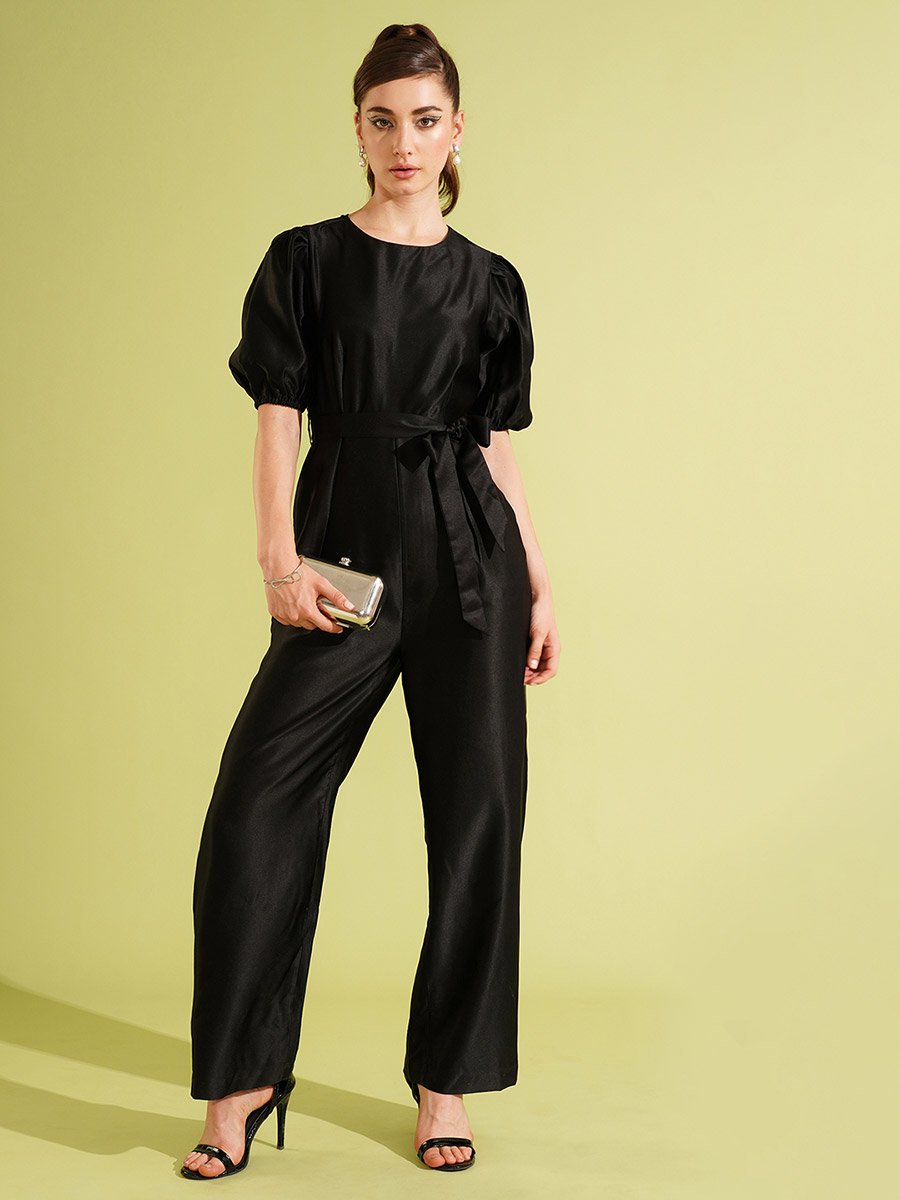 Solid Satin Round Neck Puff Sleeve Waist Tie-Up Jumpsuit