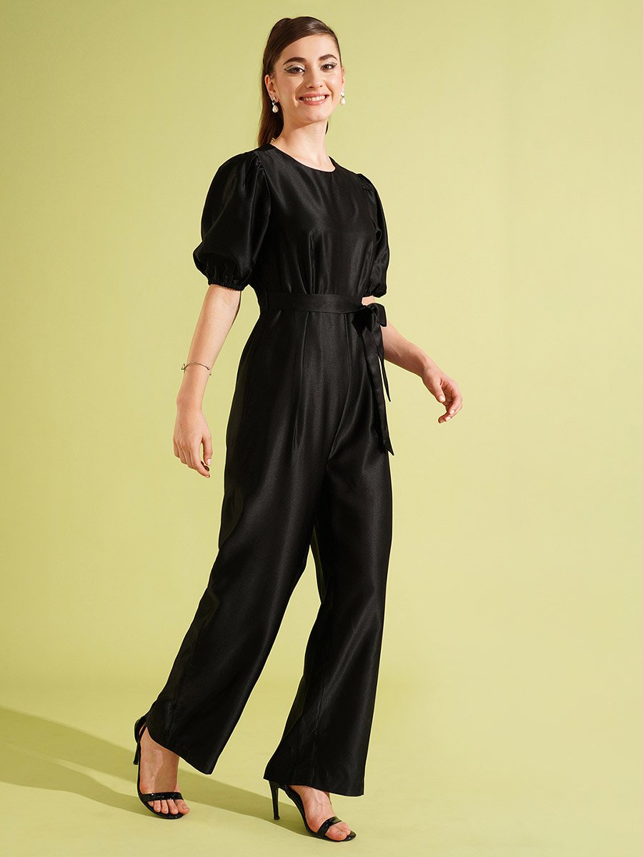 Solid Satin Round Neck Puff Sleeve Waist Tie-Up Jumpsuit