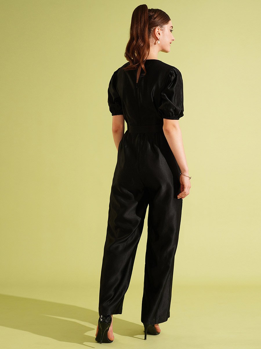 Solid Satin Round Neck Puff Sleeve Waist Tie-Up Jumpsuit