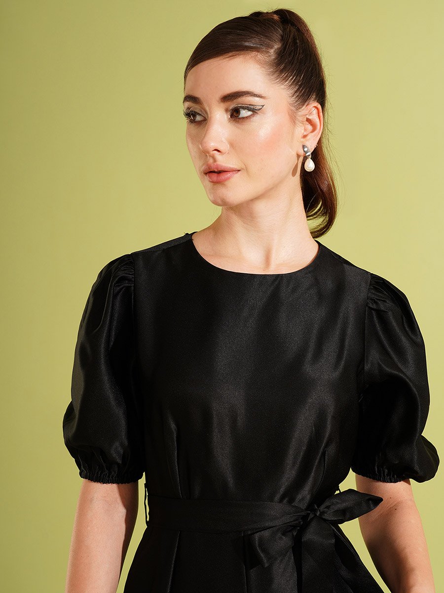 Solid Satin Round Neck Puff Sleeve Waist Tie-Up Jumpsuit