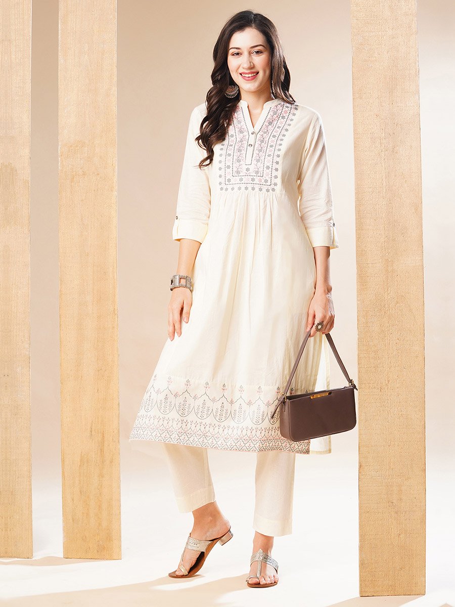Embroidered Pleated Straight Kurta and Pant Set
