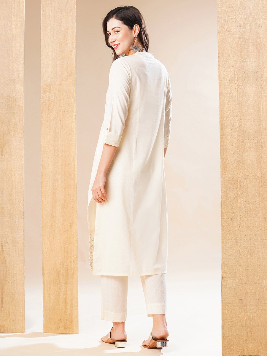Embroidered Pleated Straight Kurta and Pant Set