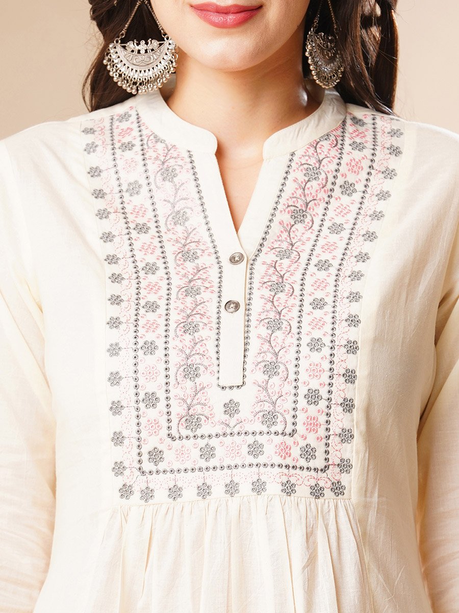 Embroidered Pleated Straight Kurta and Pant Set