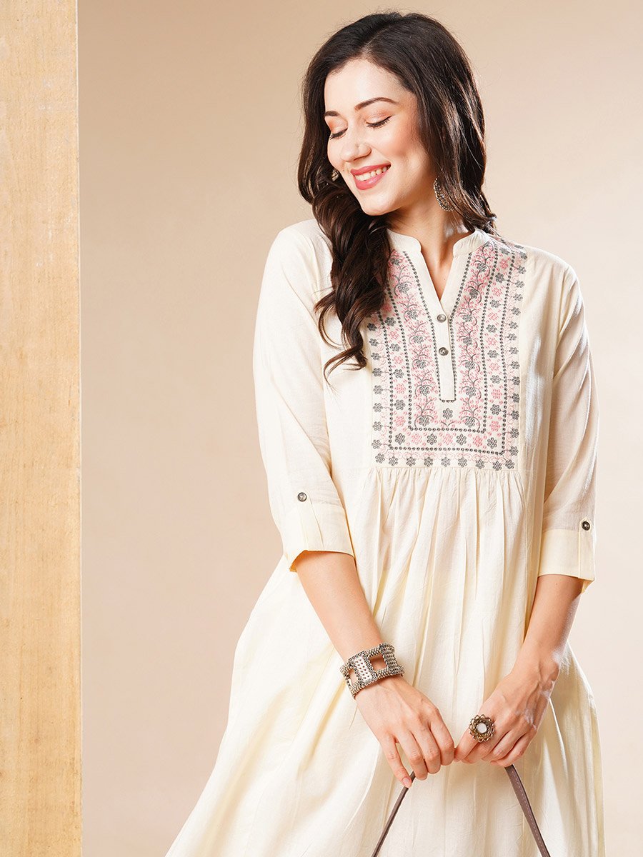 Embroidered Pleated Straight Kurta and Pant Set