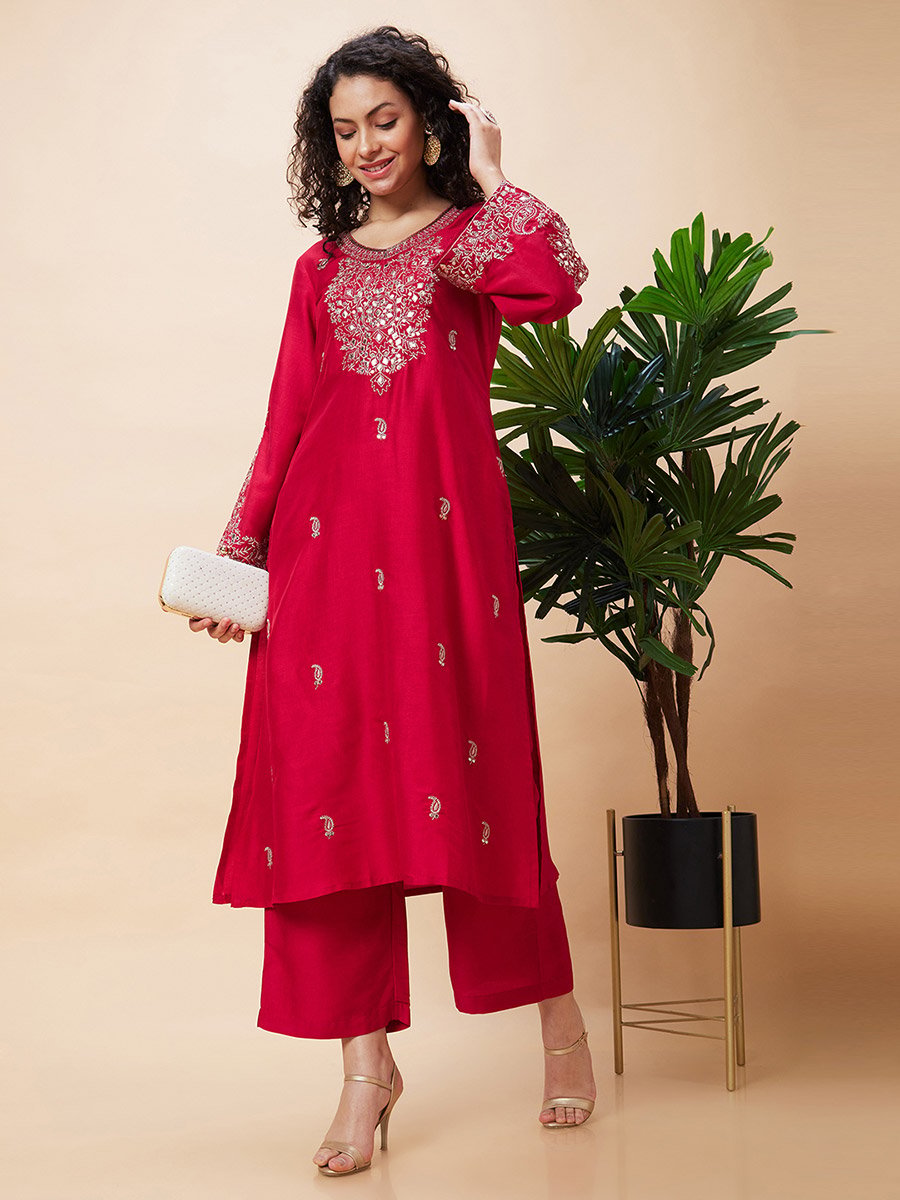 Embroidered V-Neck A-Line Kurta and Trouser Set
