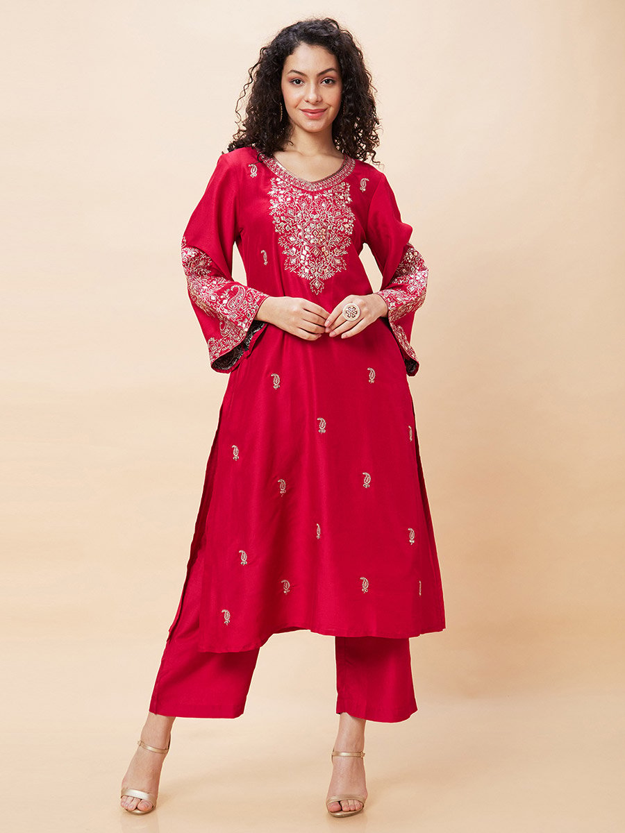 Embroidered V-Neck A-Line Kurta and Trouser Set