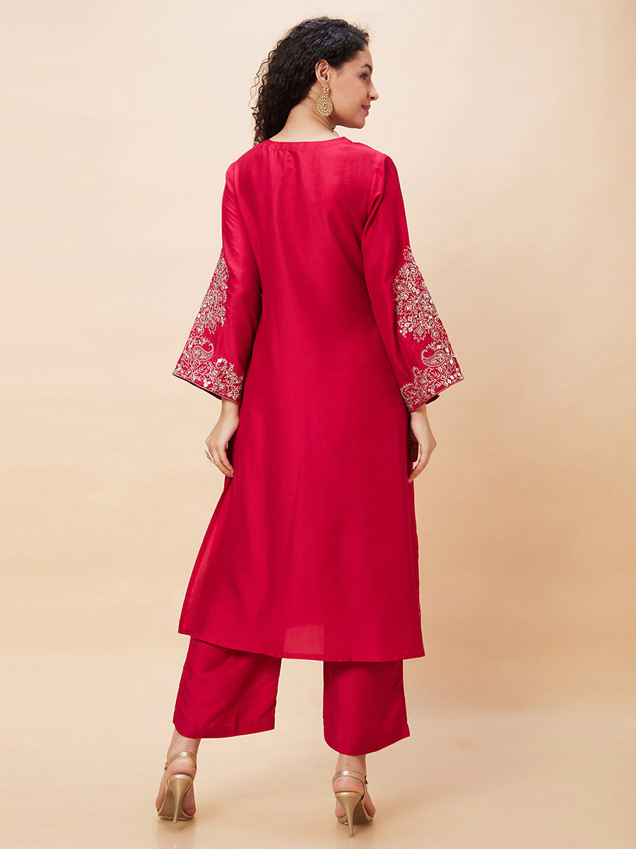 Embroidered V-Neck A-Line Kurta and Trouser Set