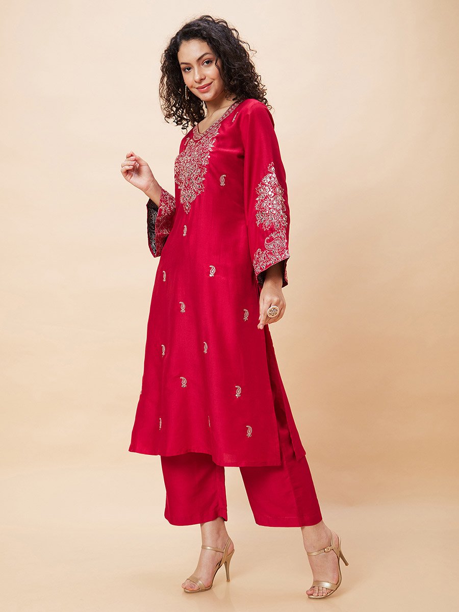 Embroidered V-Neck A-Line Kurta and Trouser Set
