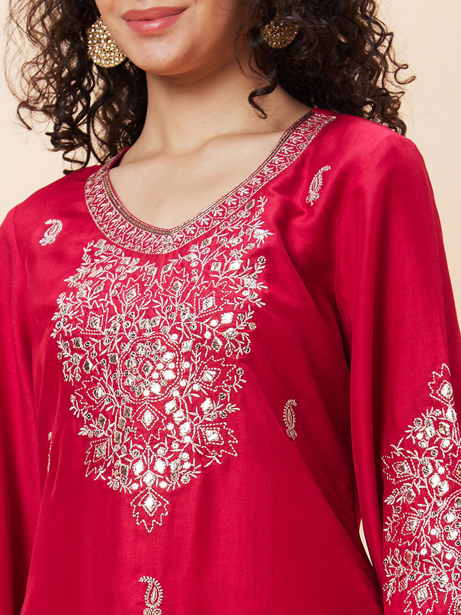 Embroidered V-Neck A-Line Kurta and Trouser Set