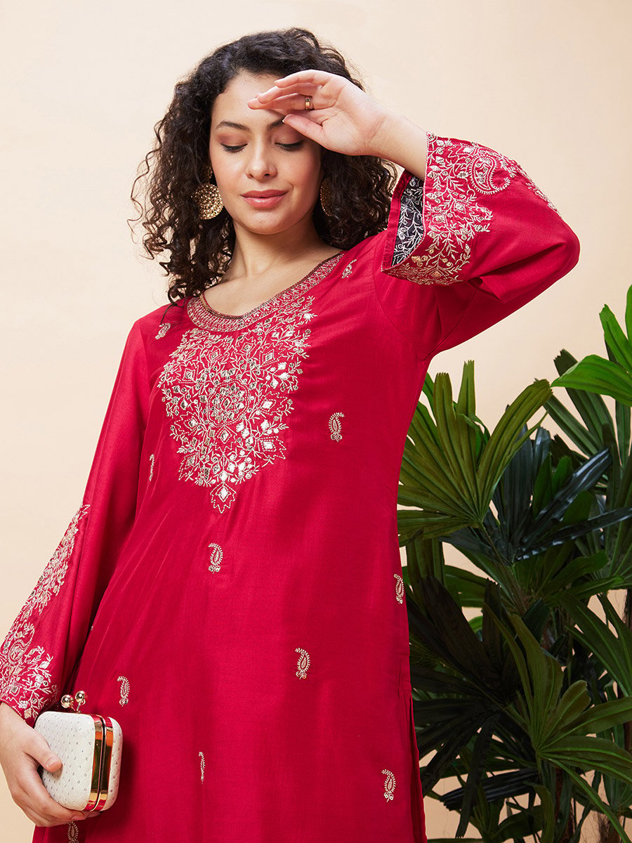 Embroidered V-Neck A-Line Kurta and Trouser Set