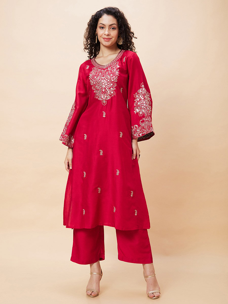 Embroidered V-Neck A-Line Kurta and Trouser Set