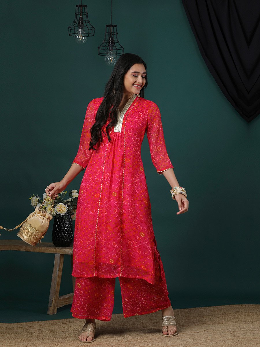 Embroidered V-Neck Lace A-Line Kurta and Flared Palazzos Set