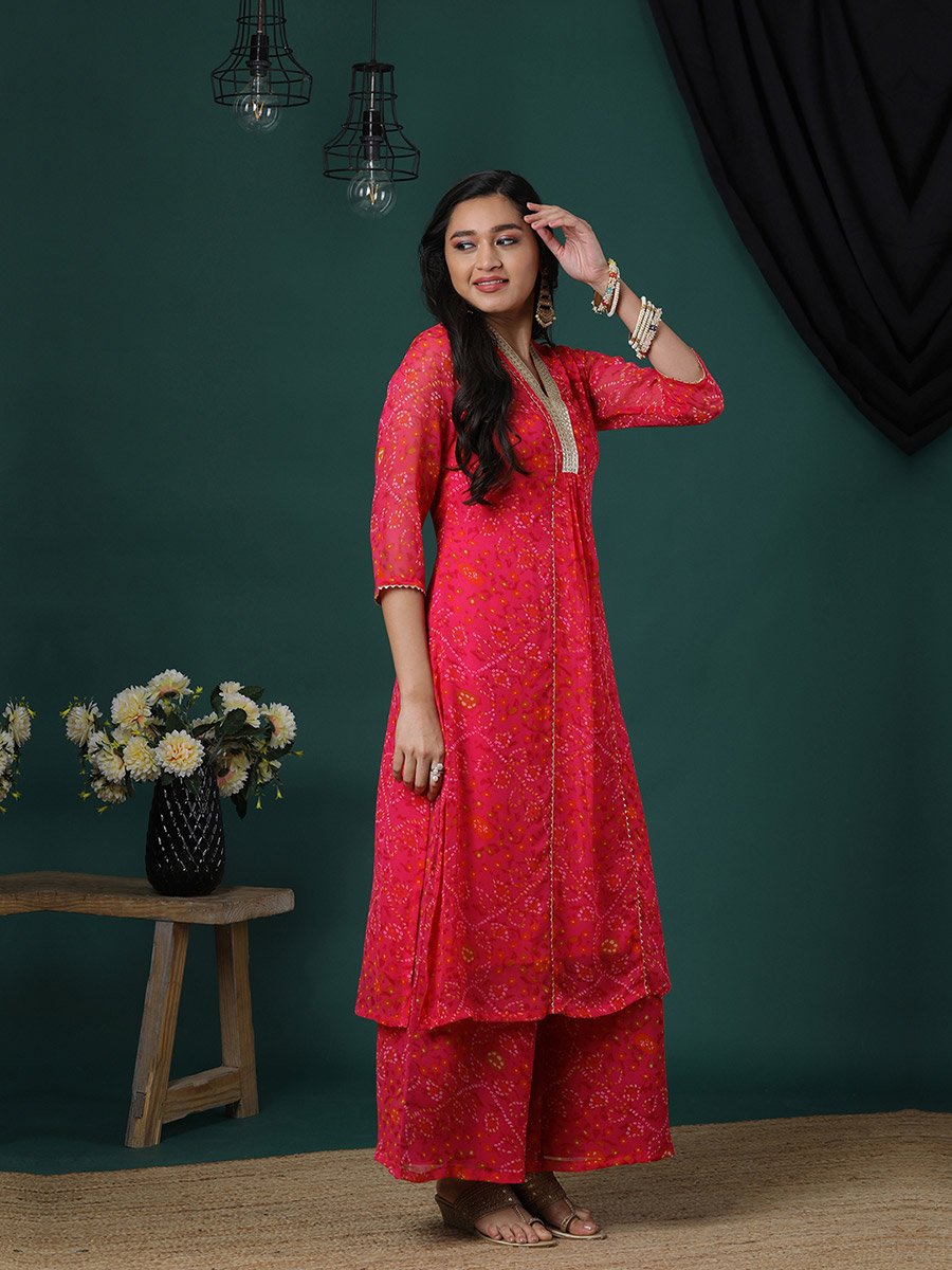 Embroidered V-Neck Lace A-Line Kurta and Flared Palazzos Set
