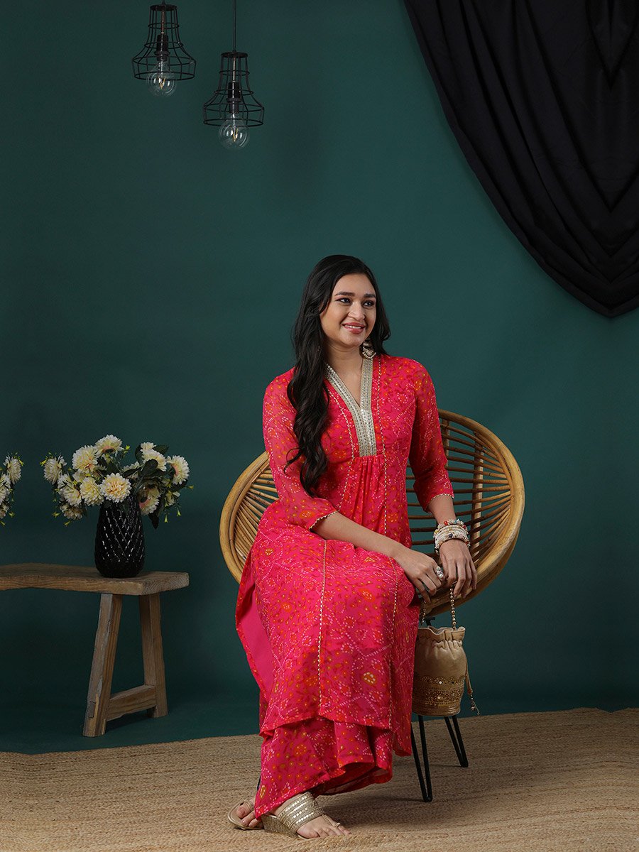 Embroidered V-Neck Lace A-Line Kurta and Flared Palazzos Set