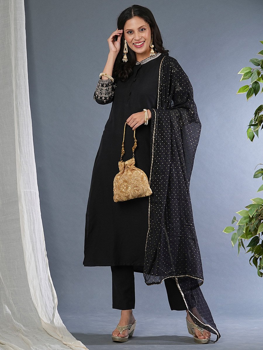 Embroidered Sleeves Straight Kurta with Pants and Sequined Dupatta Set