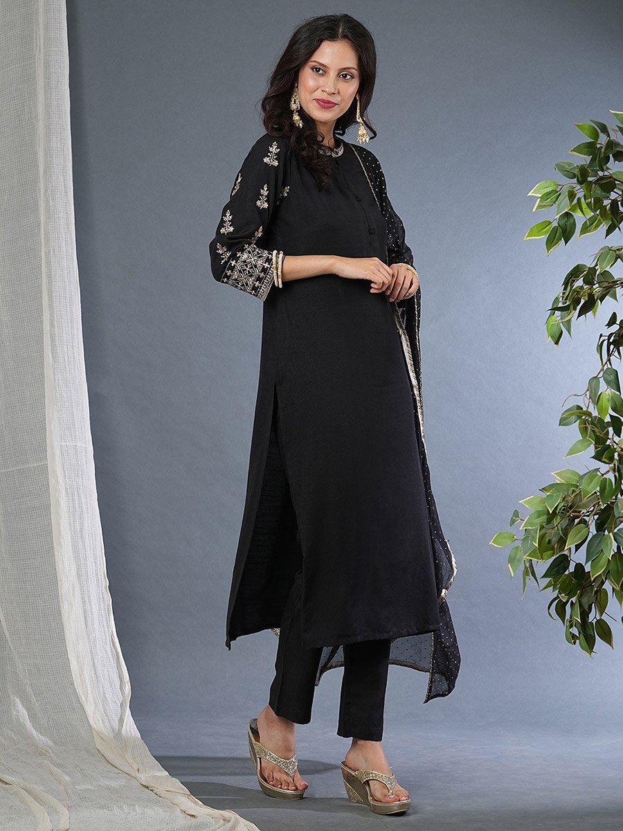 Embroidered Sleeves Straight Kurta with Pants and Sequined Dupatta Set
