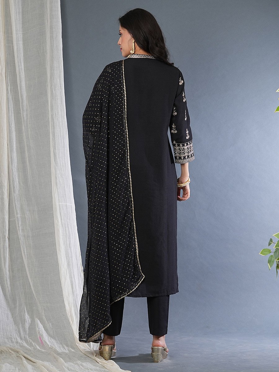 Embroidered Sleeves Straight Kurta with Pants and Sequined Dupatta Set