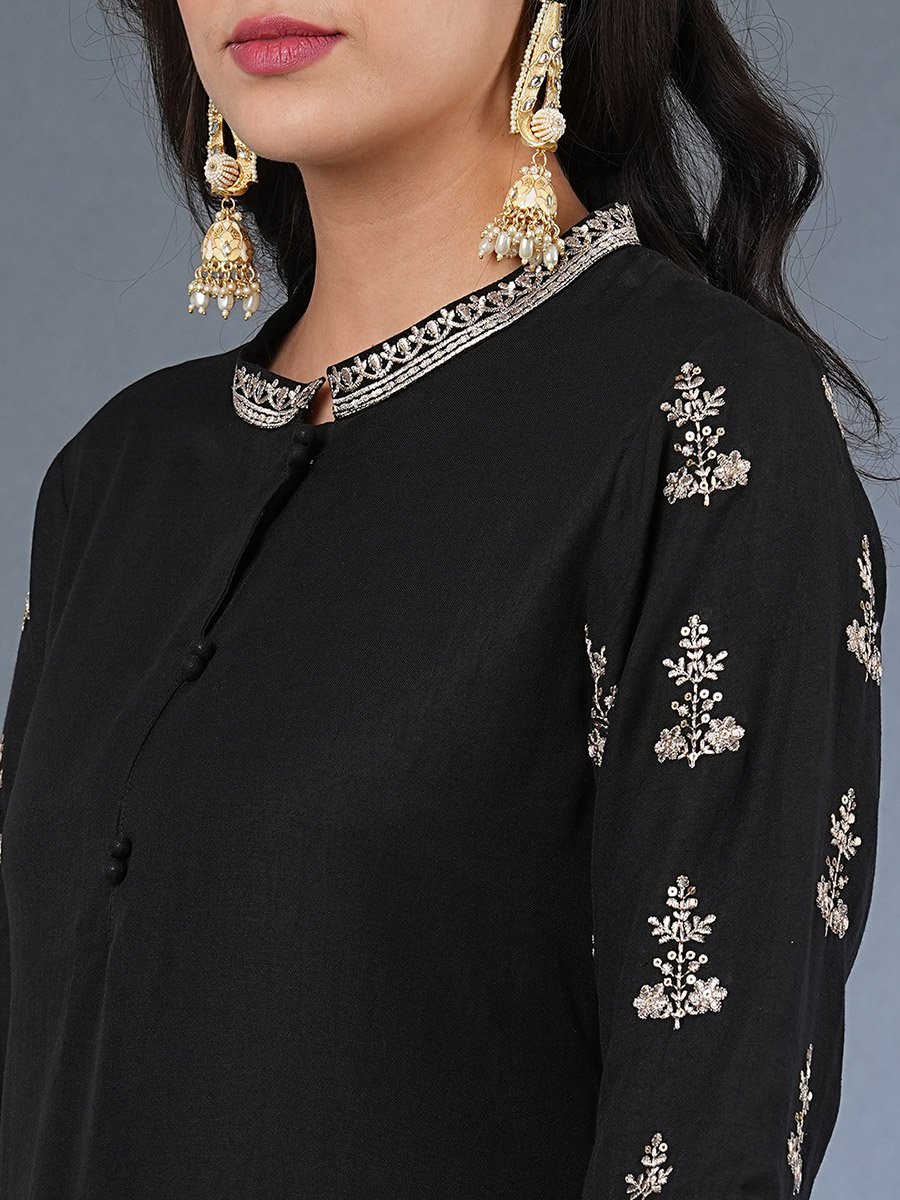 Embroidered Sleeves Straight Kurta with Pants and Sequined Dupatta Set