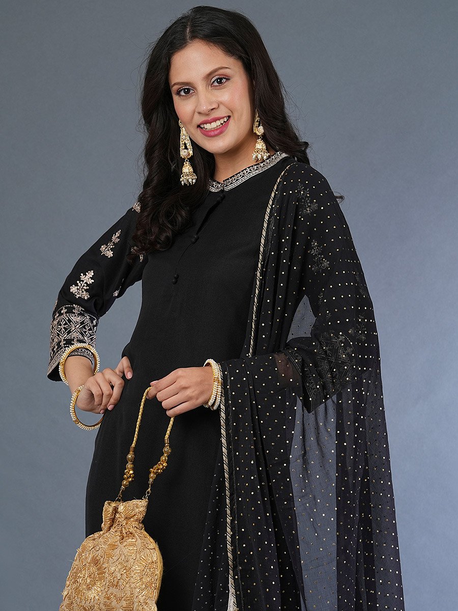 Embroidered Sleeves Straight Kurta with Pants and Sequined Dupatta Set