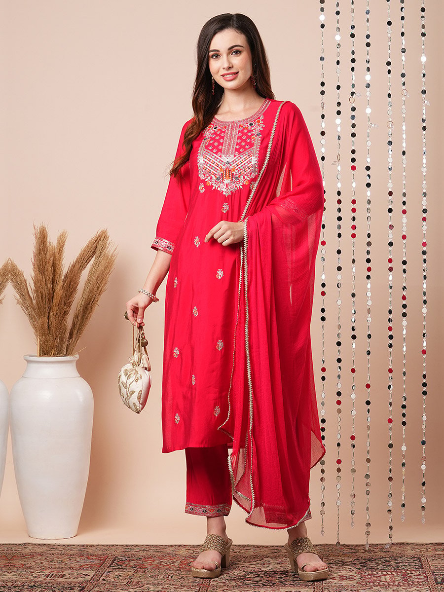 Sequined Floral Embroidered Straight Kurta with Pants and Dupatta Set