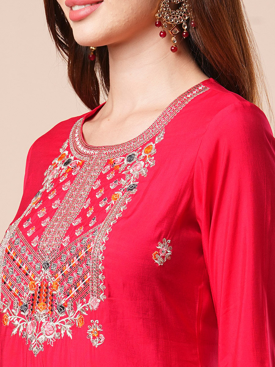 Sequined Floral Embroidered Straight Kurta with Pants and Dupatta Set