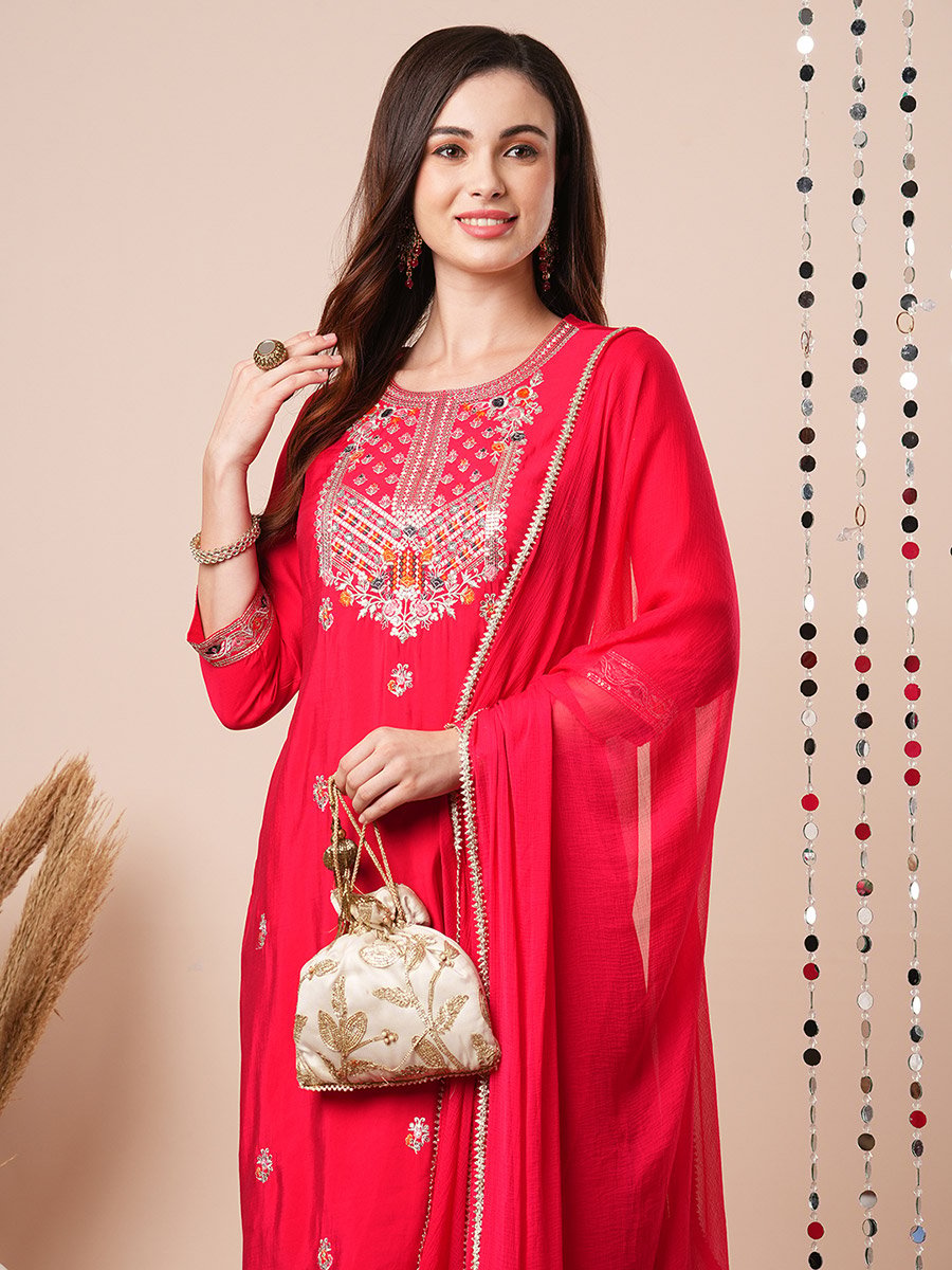 Sequined Floral Embroidered Straight Kurta with Pants and Dupatta Set