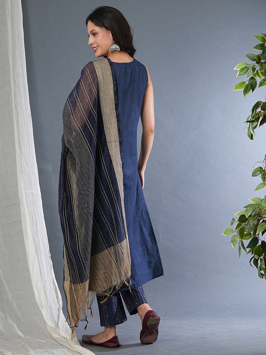 Sleeveless Tie-Up Neck Straight Kurta with Pants and Dupatta Set