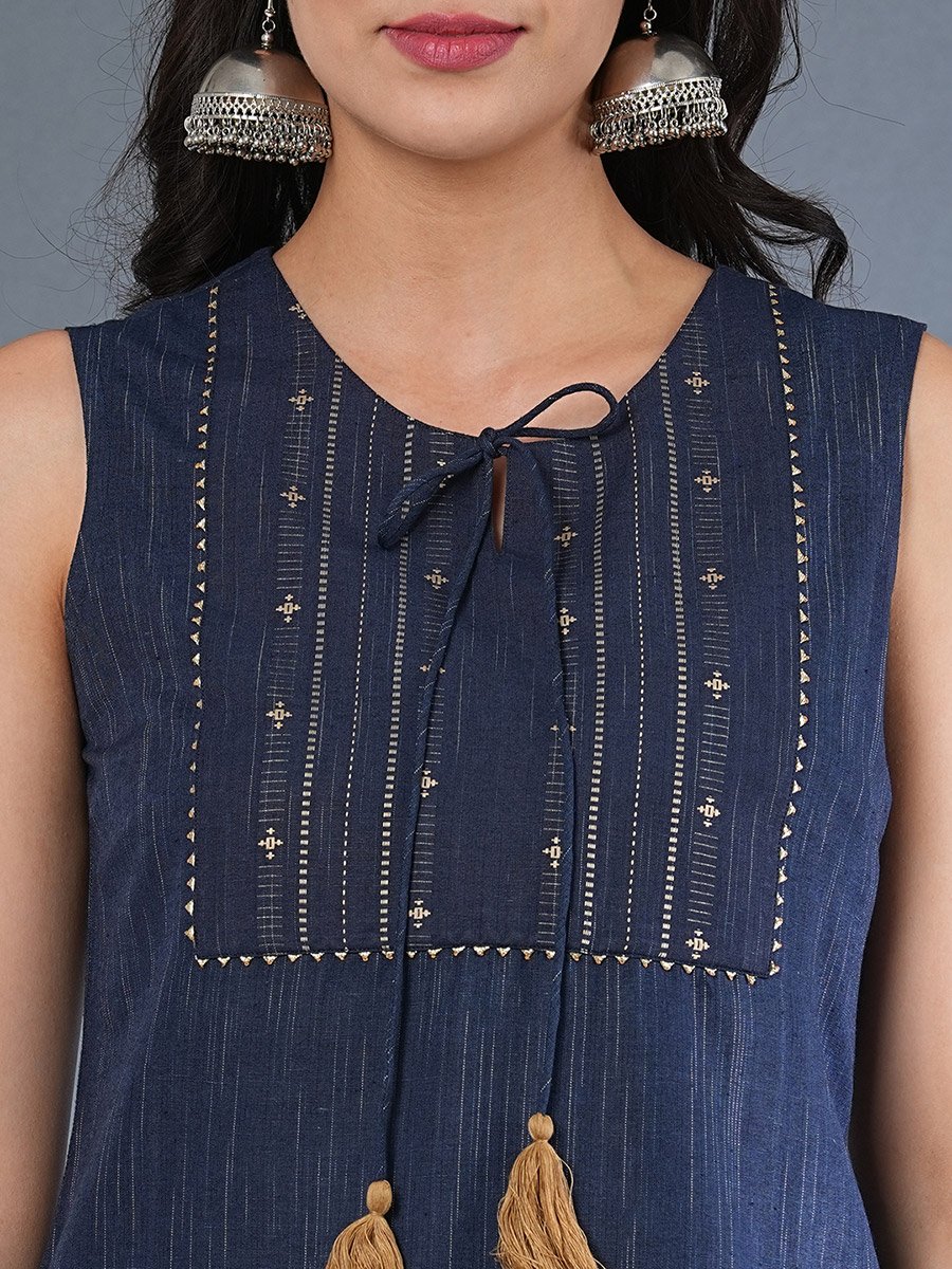 Sleeveless Tie-Up Neck Straight Kurta with Pants and Dupatta Set