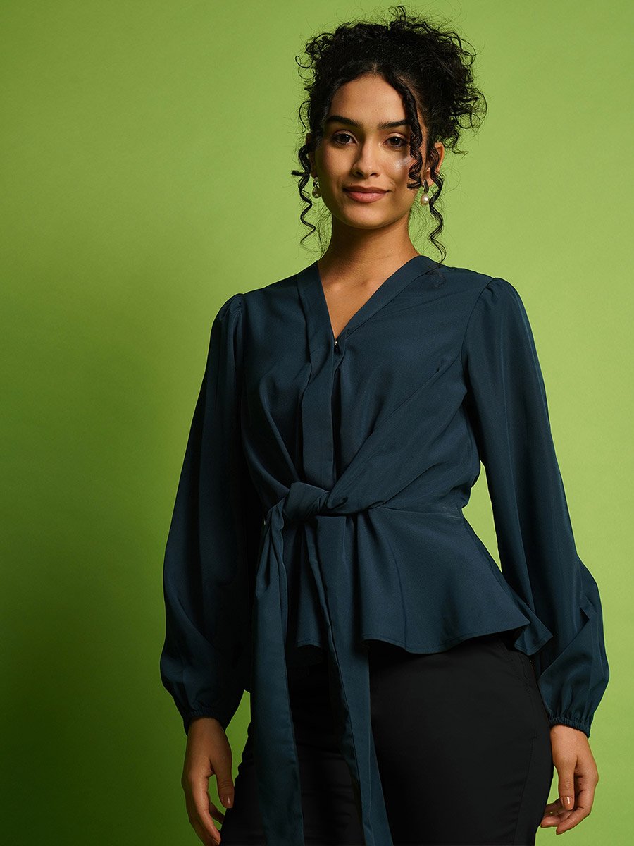 V-Neck Balloon Sleeve Crepe Top with Tie-Up Detail
