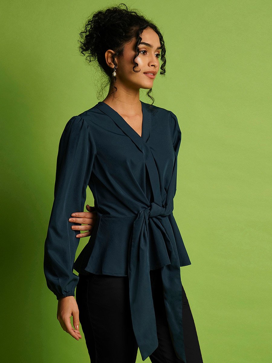 V-Neck Balloon Sleeve Crepe Top with Tie-Up Detail