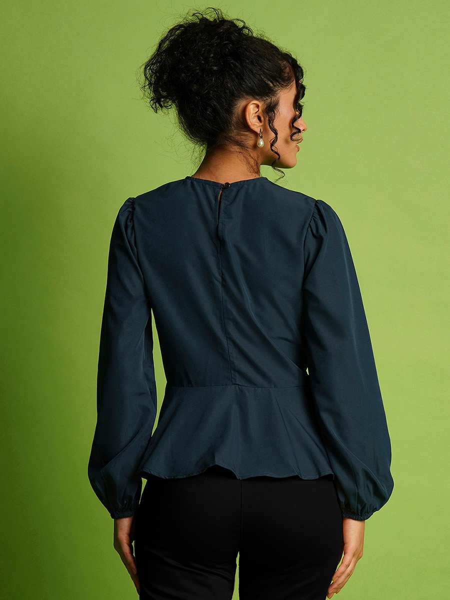 V-Neck Balloon Sleeve Crepe Top with Tie-Up Detail