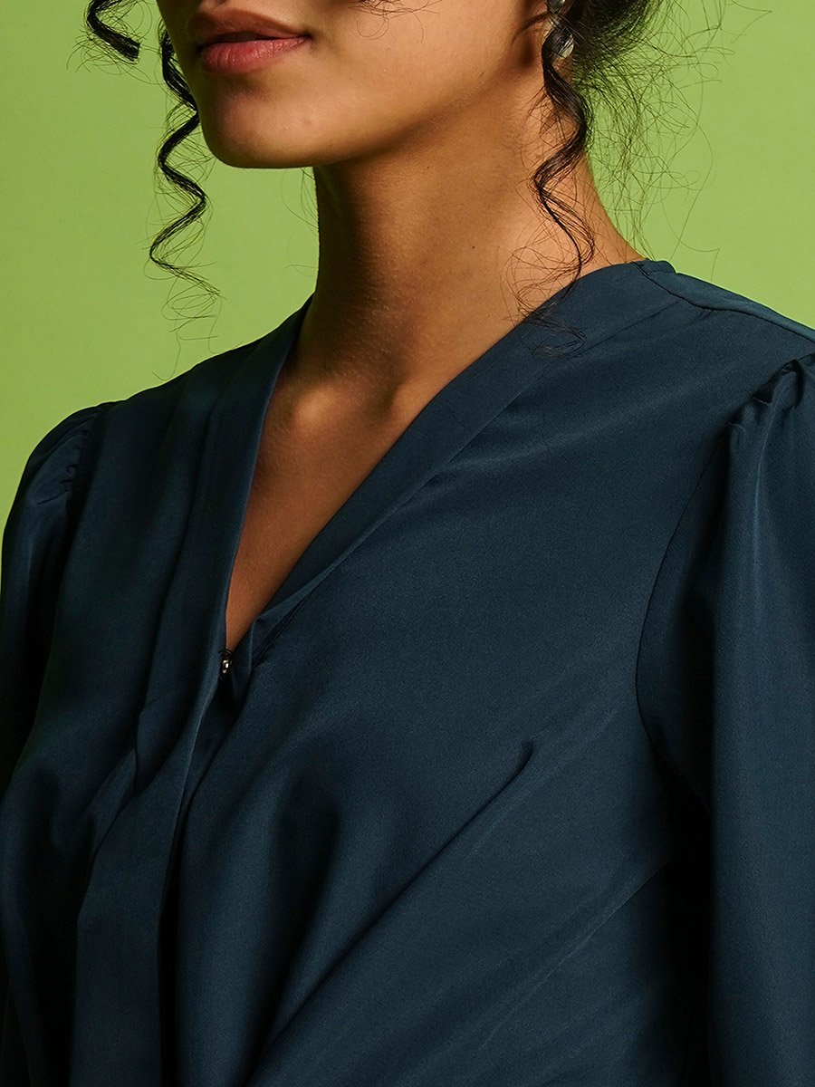 V-Neck Balloon Sleeve Crepe Top with Tie-Up Detail