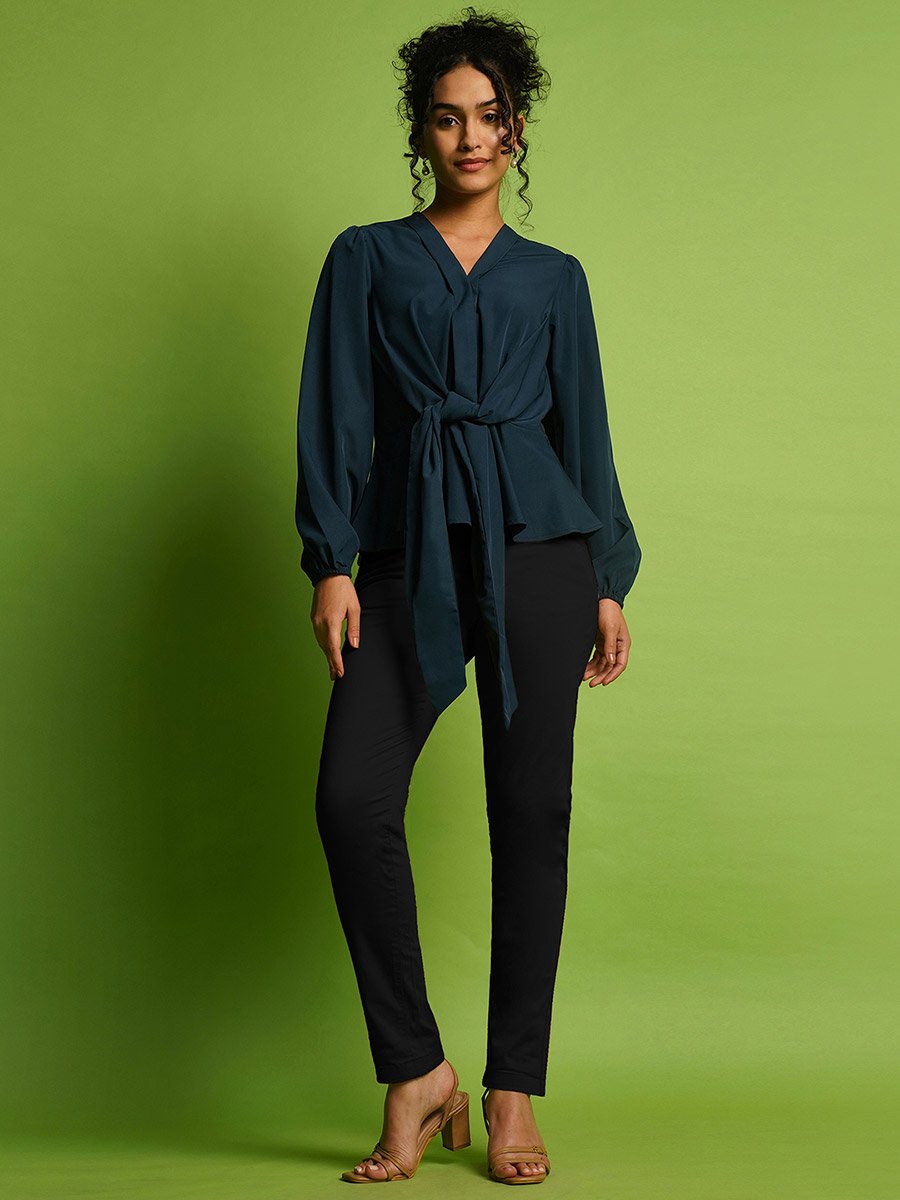 V-Neck Balloon Sleeve Crepe Top with Tie-Up Detail