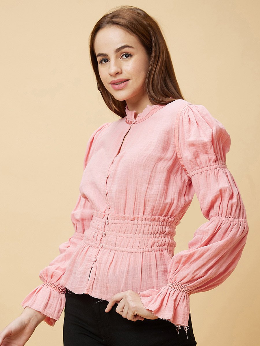 Textured Mandarin Collar Puff Sleeves Cotton Top
