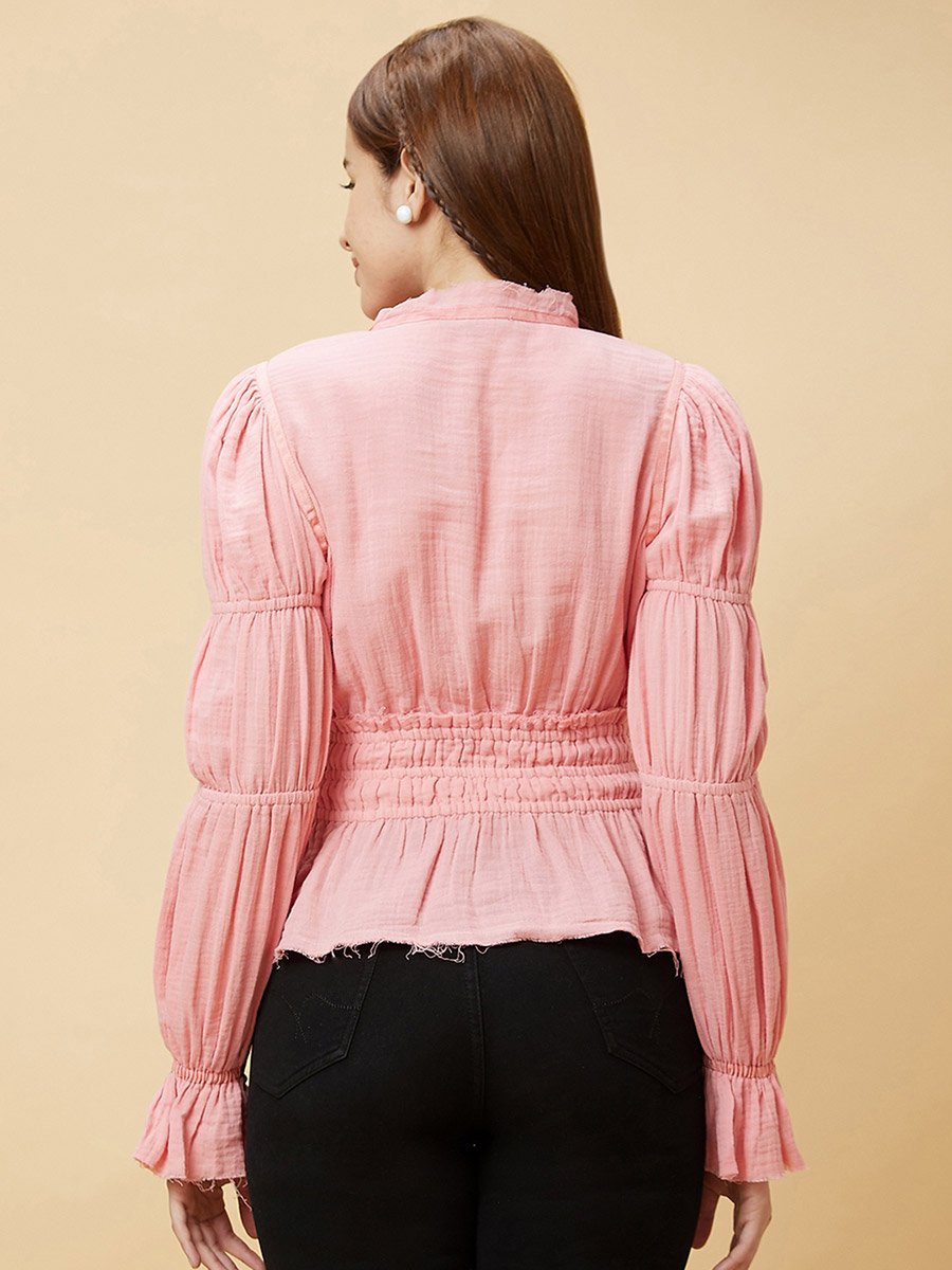 Textured Mandarin Collar Puff Sleeves Cotton Top