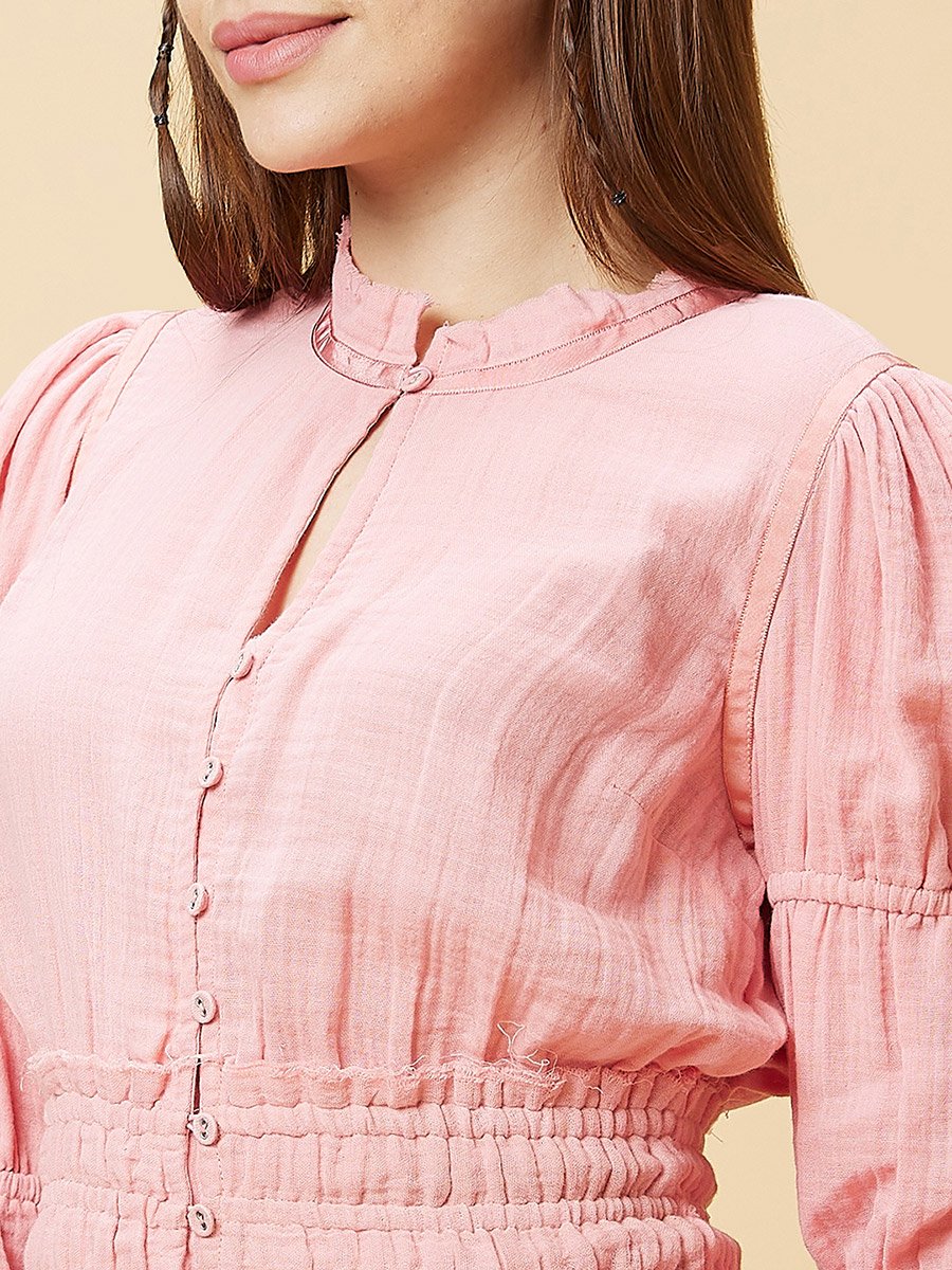 Textured Mandarin Collar Puff Sleeves Cotton Top