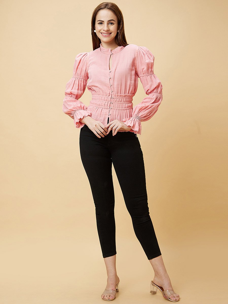 Textured Mandarin Collar Puff Sleeves Cotton Top