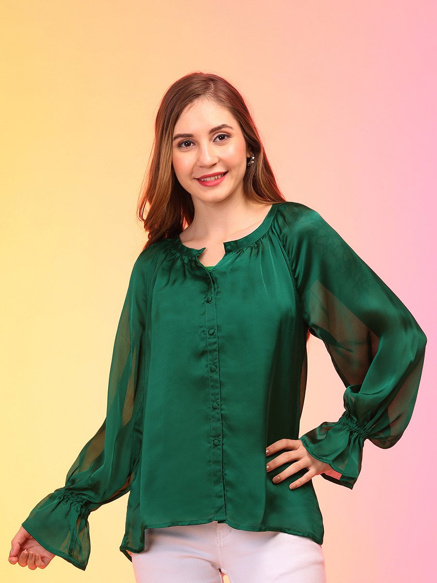 Satin Loose Fit Balloon Sleeves Buttoned Top