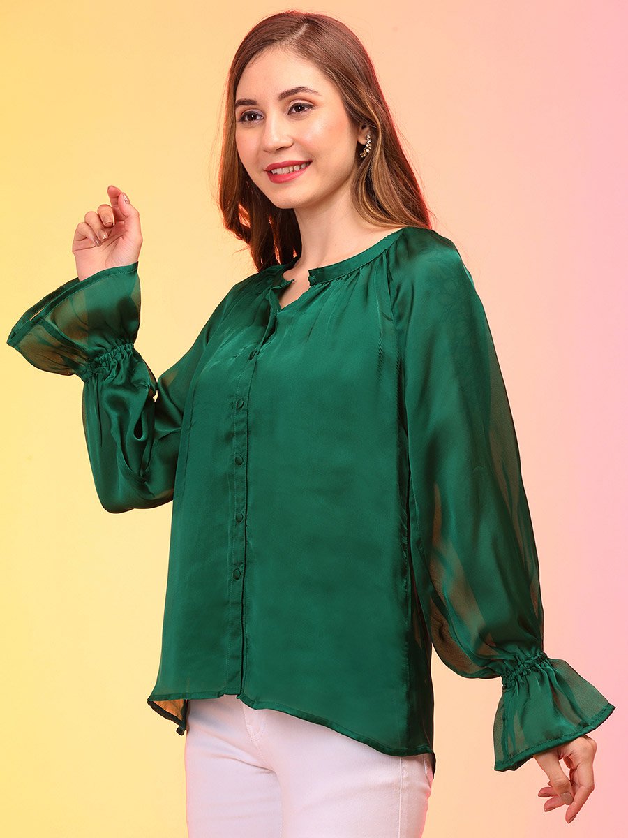 Satin Loose Fit Balloon Sleeves Buttoned Top