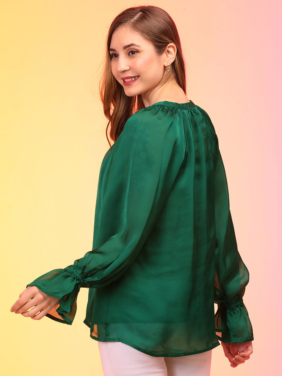Satin Loose Fit Balloon Sleeves Buttoned Top